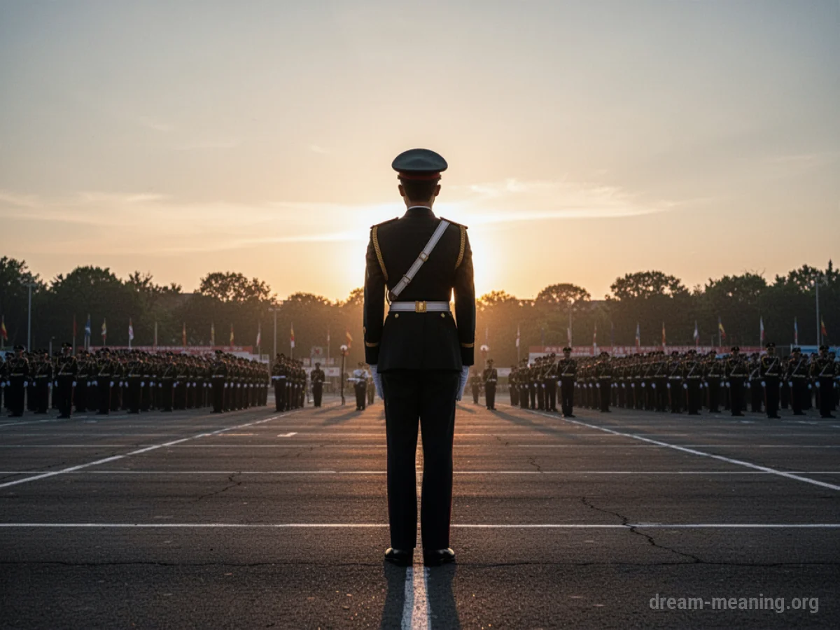 Silhouette of a person in uniform standing at attention on a field.