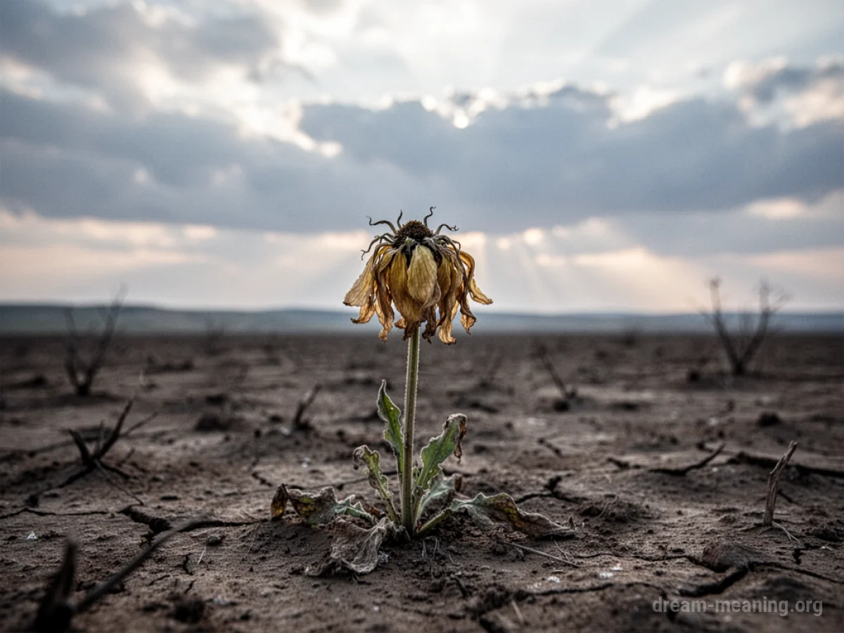 A wilting flower in a desolate landscape under a cloudy sky.