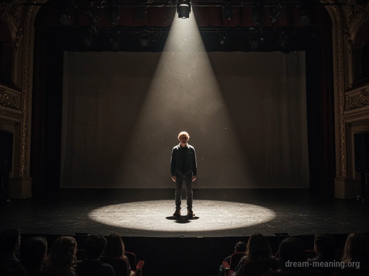 A person standing alone on a dark stage.