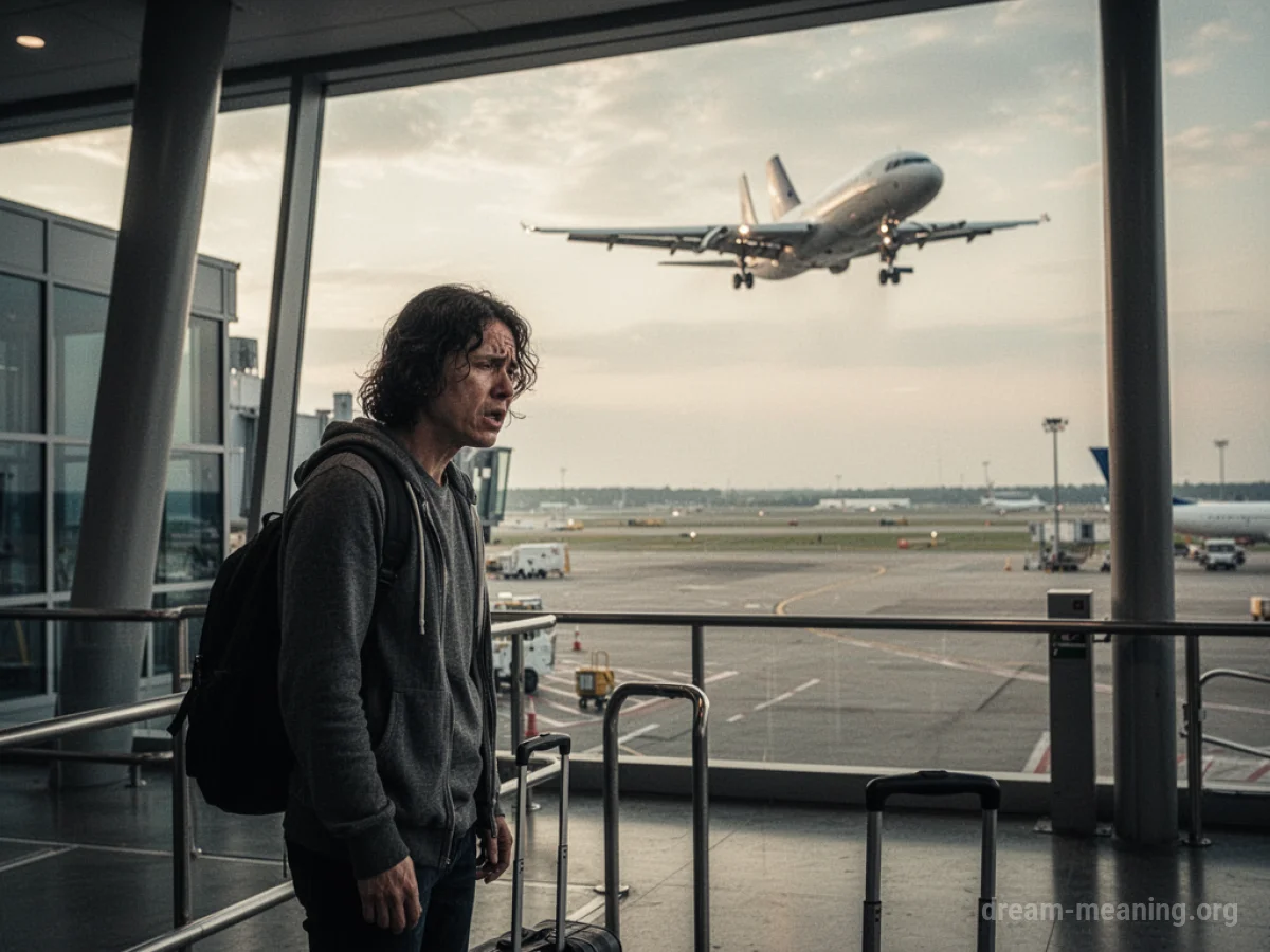 A person stands at an empty gate while a plane departs in the background.