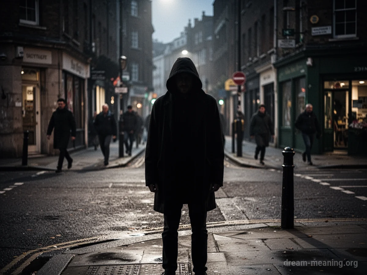 Silhouette of a person standing alone on a street corner at night.