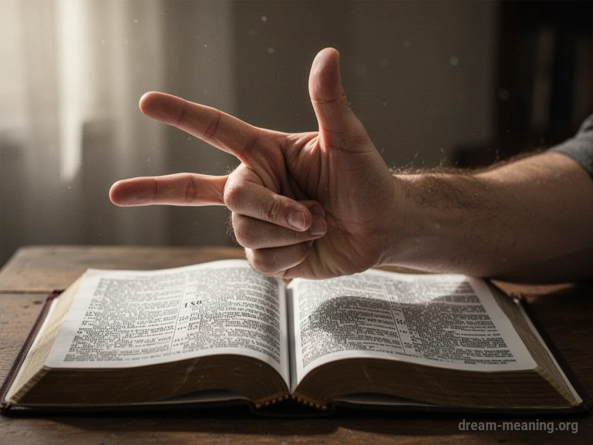 A hand making a mocking gesture over an open book.