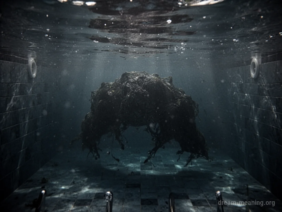 A shadowy, monstrous form is partially submerged in a dark swimming pool.