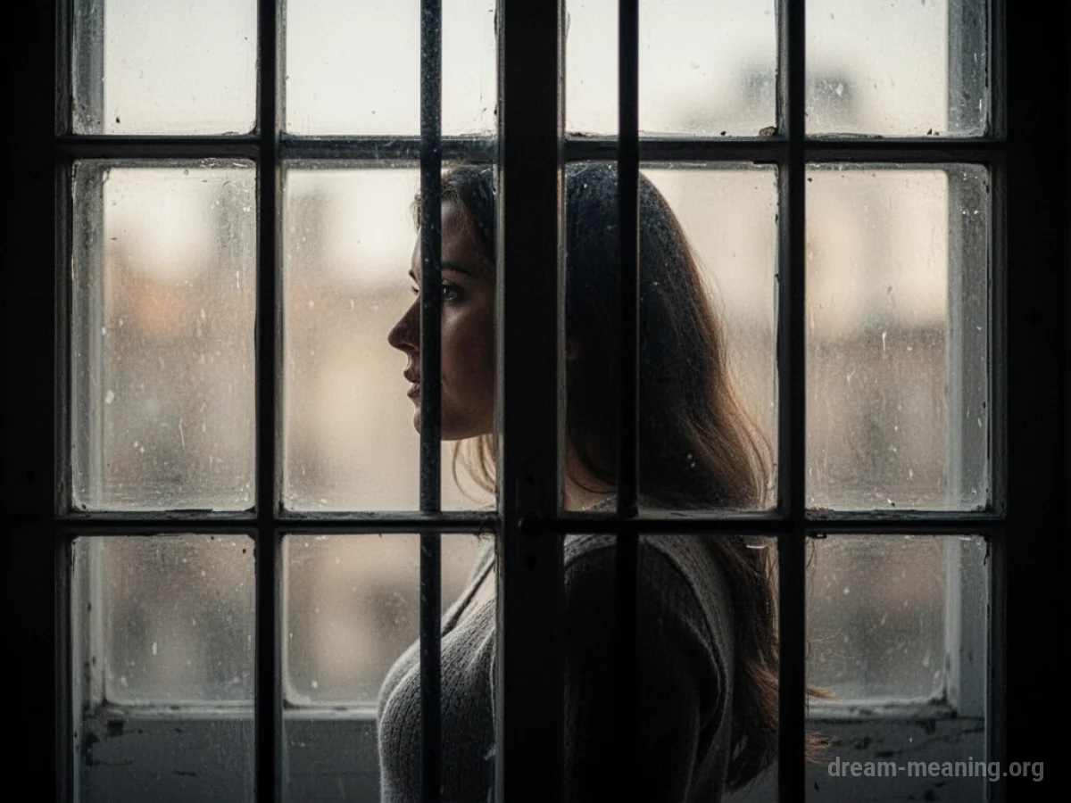 Silhouette of a woman viewed through barred window.