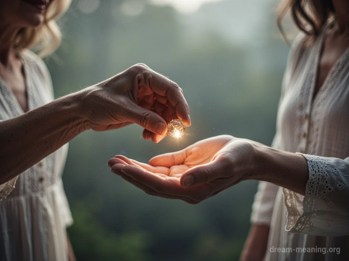 A close-up of a mother's hand offering a glowing sphere to another person.