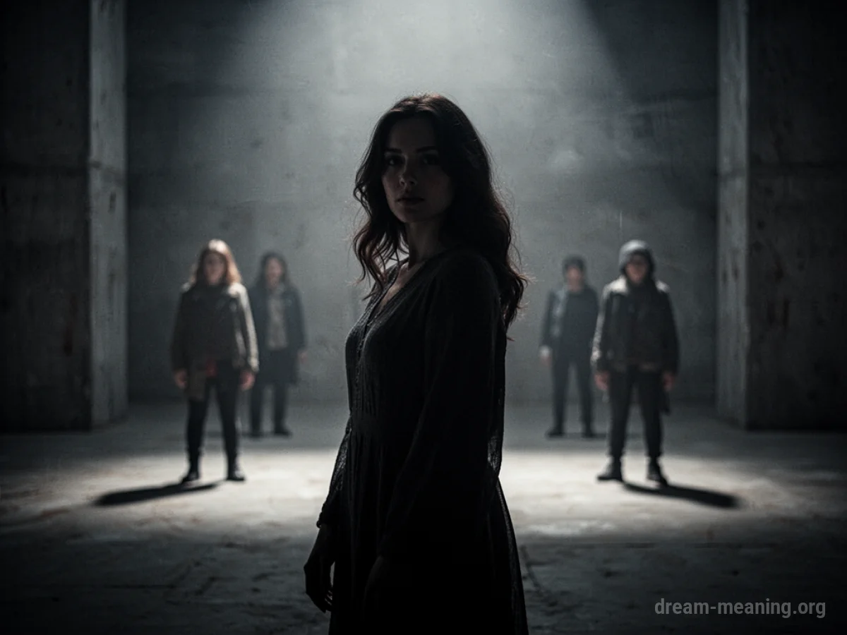 Silhouette of a woman in a dark, abstract environment with faint background figures.