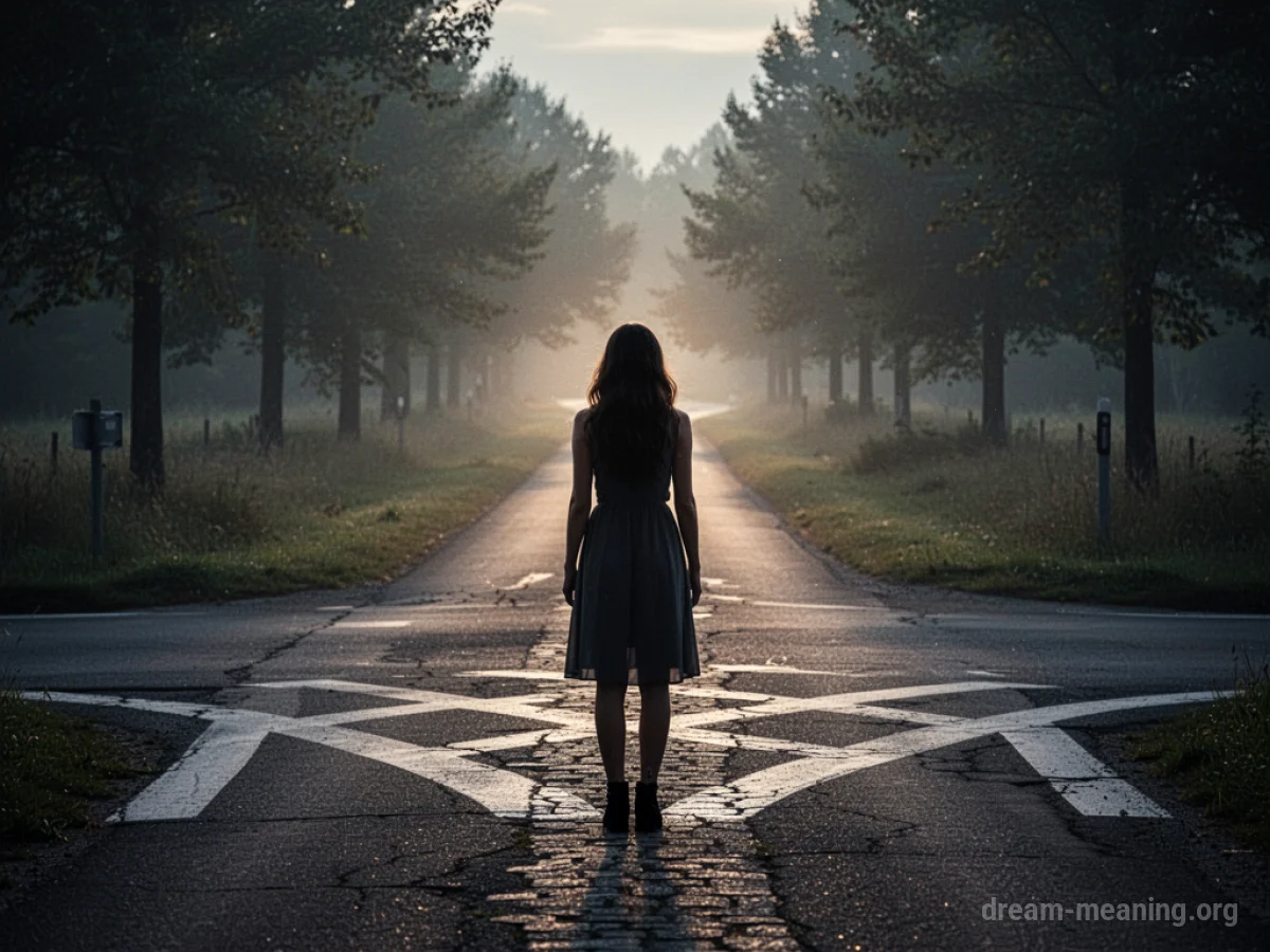 Silhouette of a woman at a crossroads looking at a glowing path.