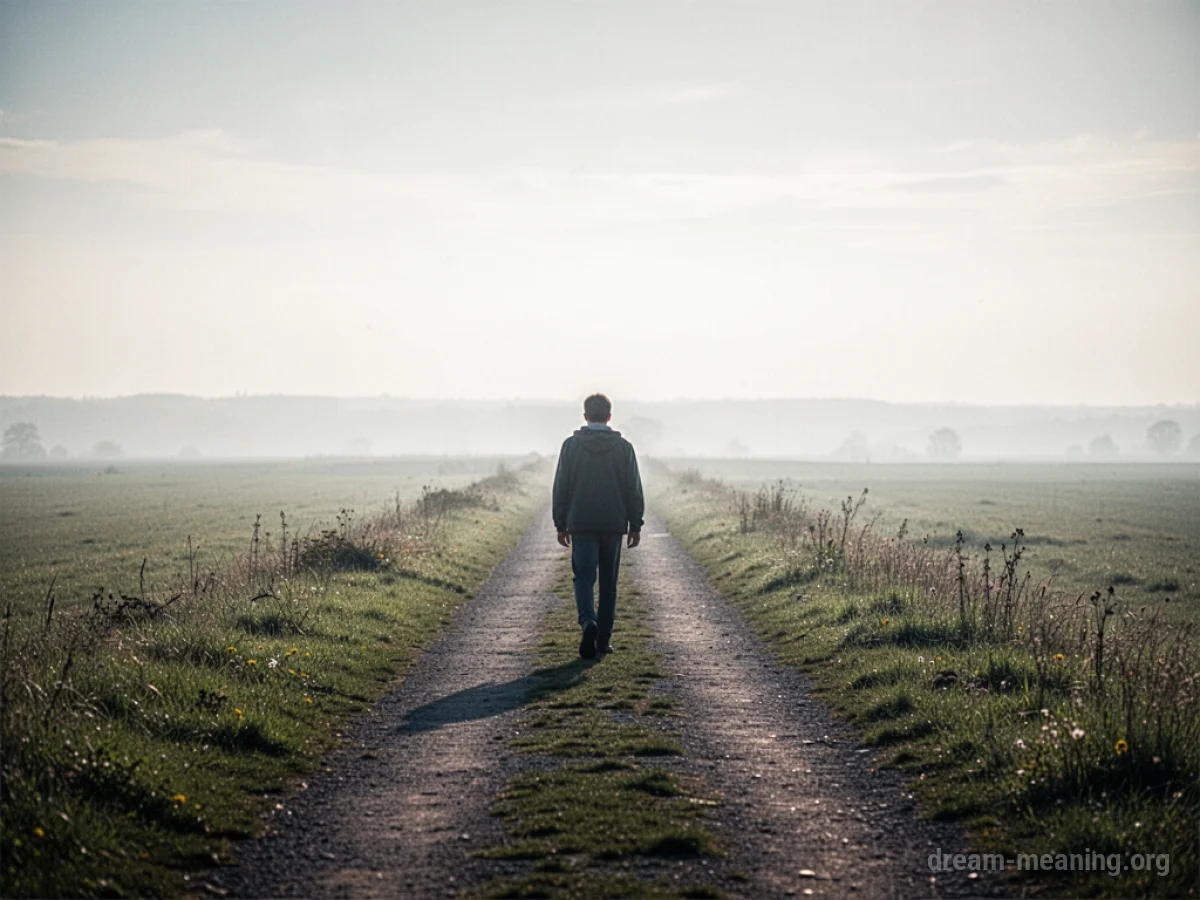 A silhouette of a person walking on a path towards a distant horizon.