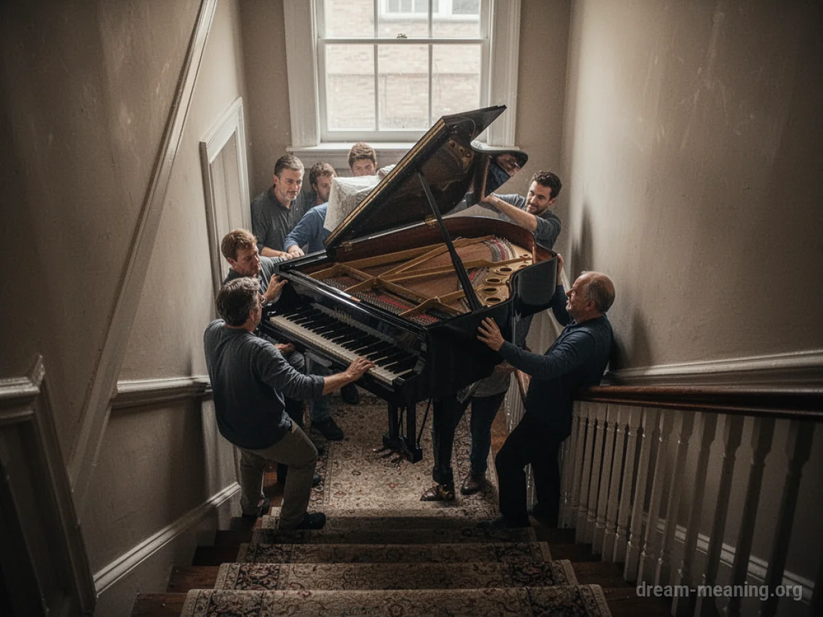 People carefully moving a large piano up a set of stairs.
