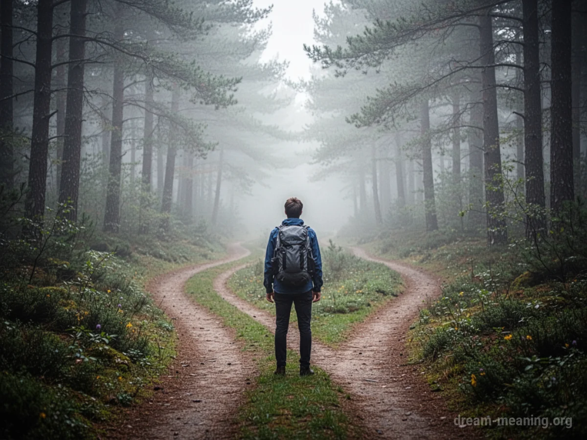 A person stands at a fork in a path with two trails ahead.