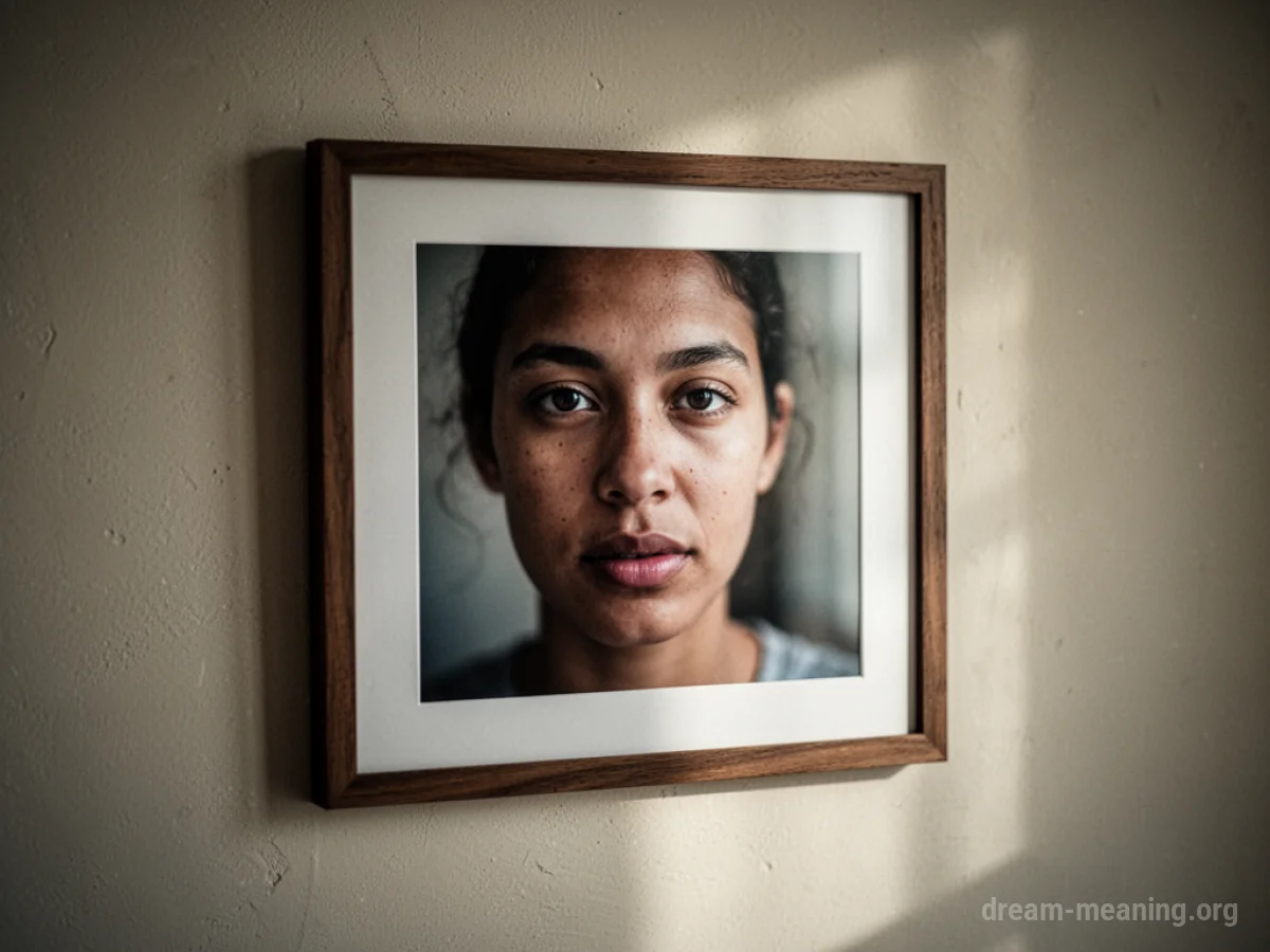 A framed photograph of a face hangs on a wall.