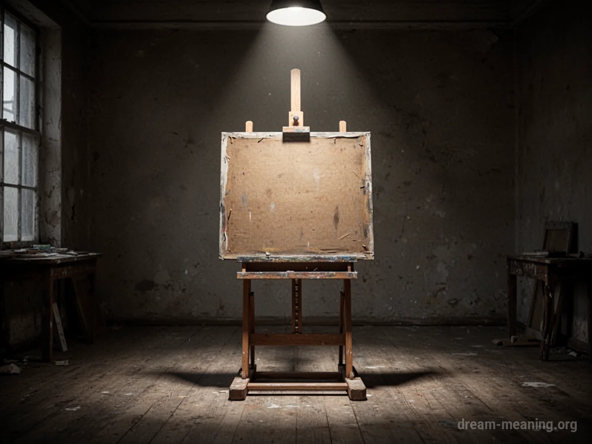 An empty easel in a dark room with a spotlight on the vacant space.