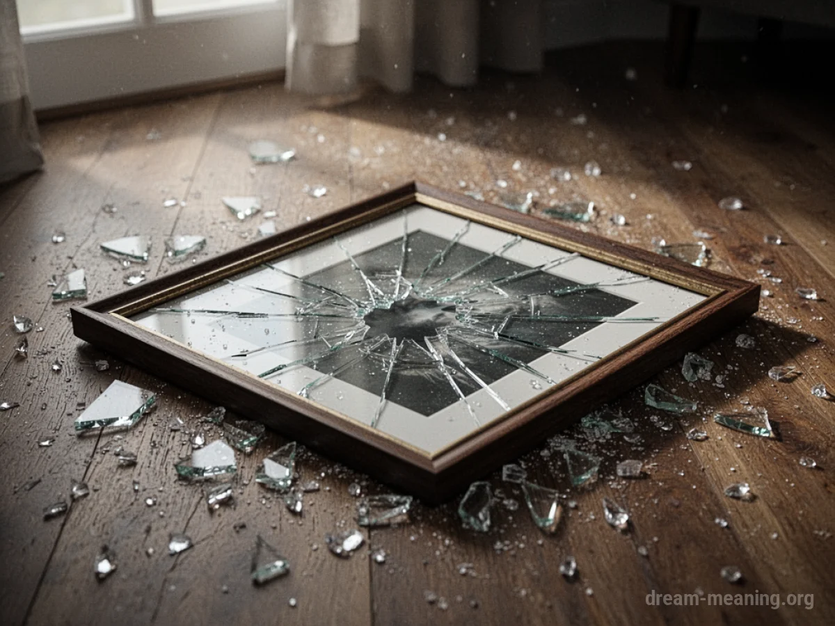 A shattered picture frame on a wooden floor.