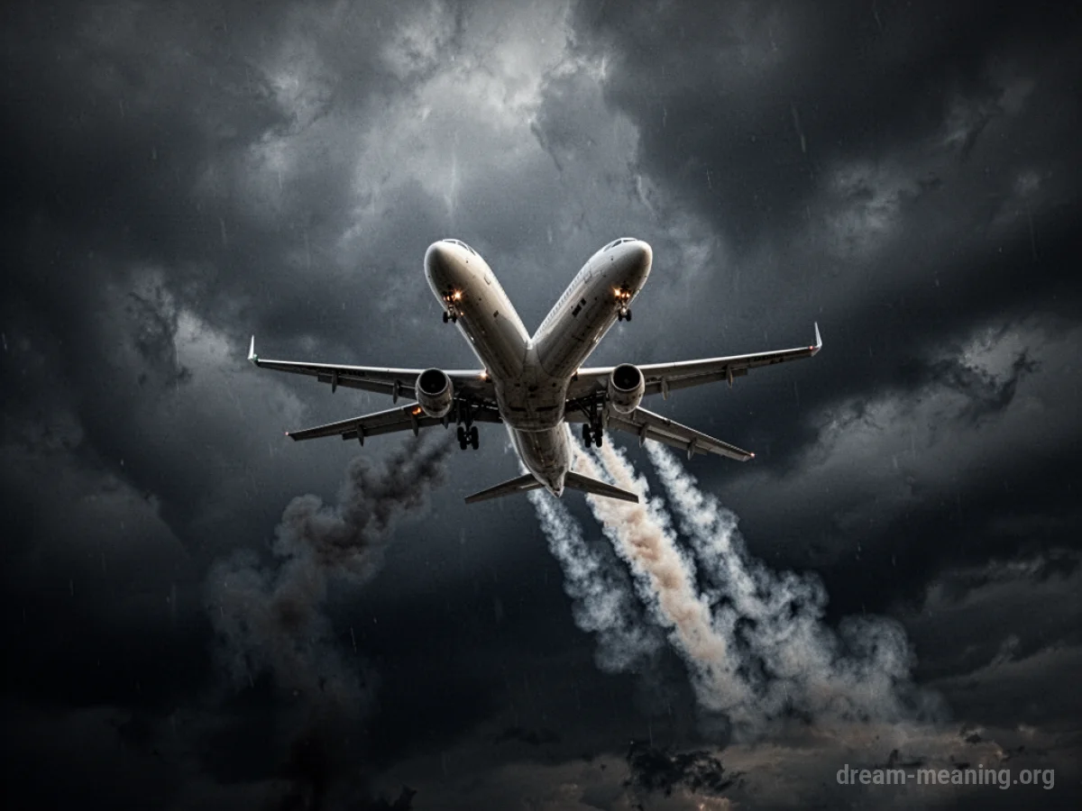An airplane with smoke trailing behind it, descending steeply through a dark, stormy sky.
