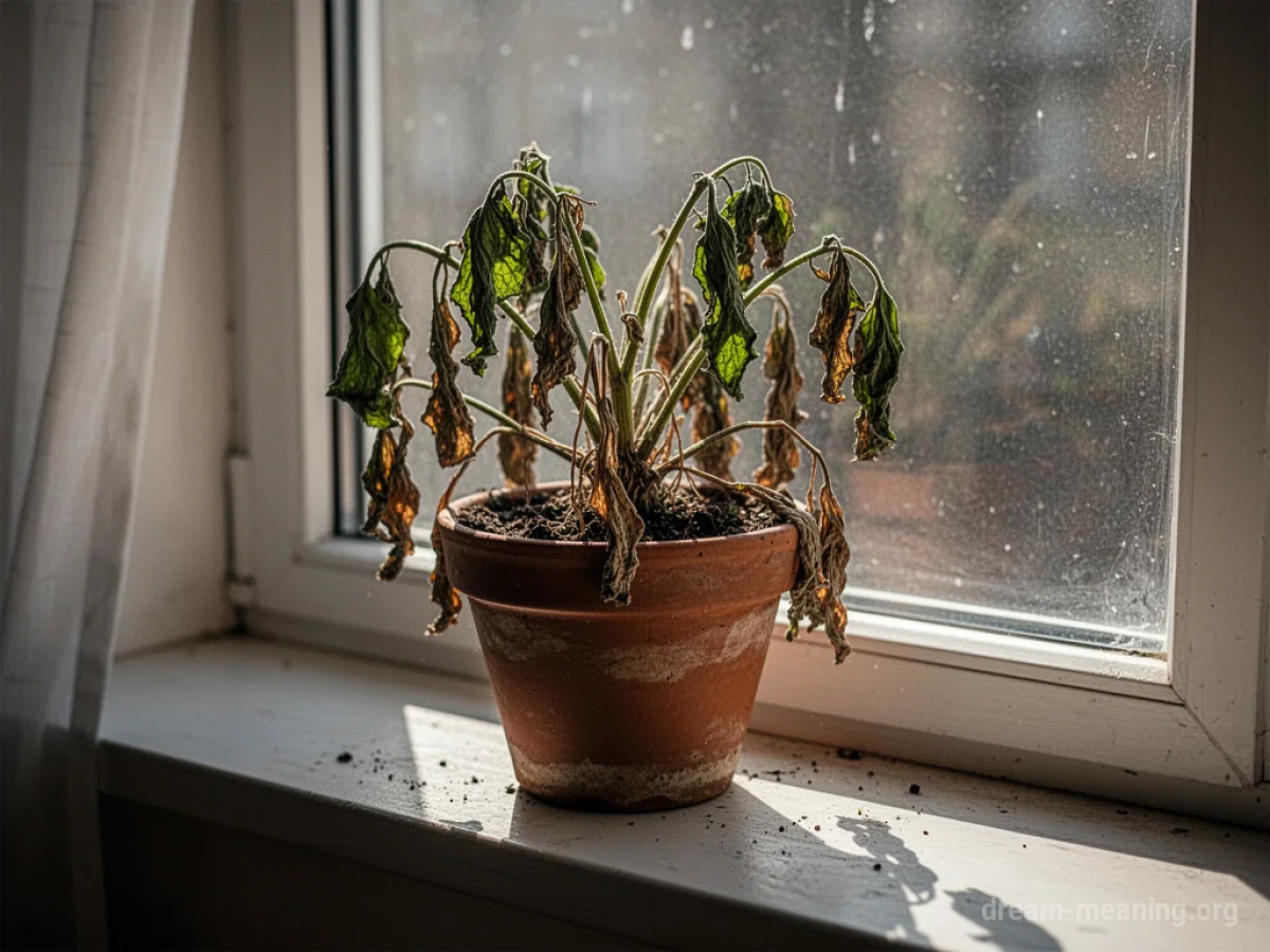A drooping plant in a pot on a windowsill.