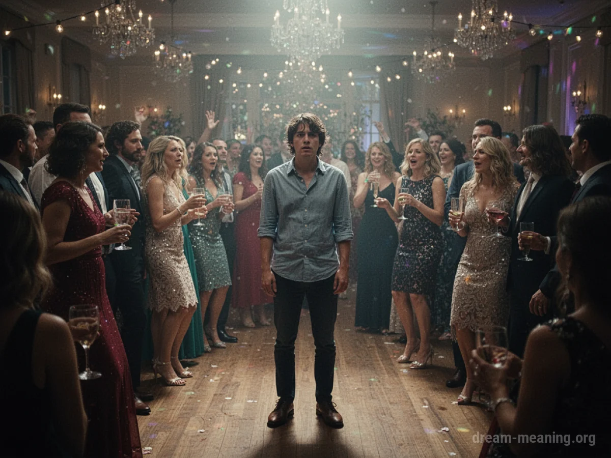 A single person stands in the middle of a lively party, wearing only underwear.
