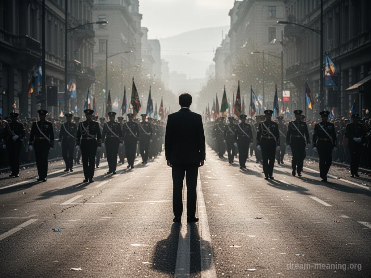 A silhouette of a person on a street with a distant procession.