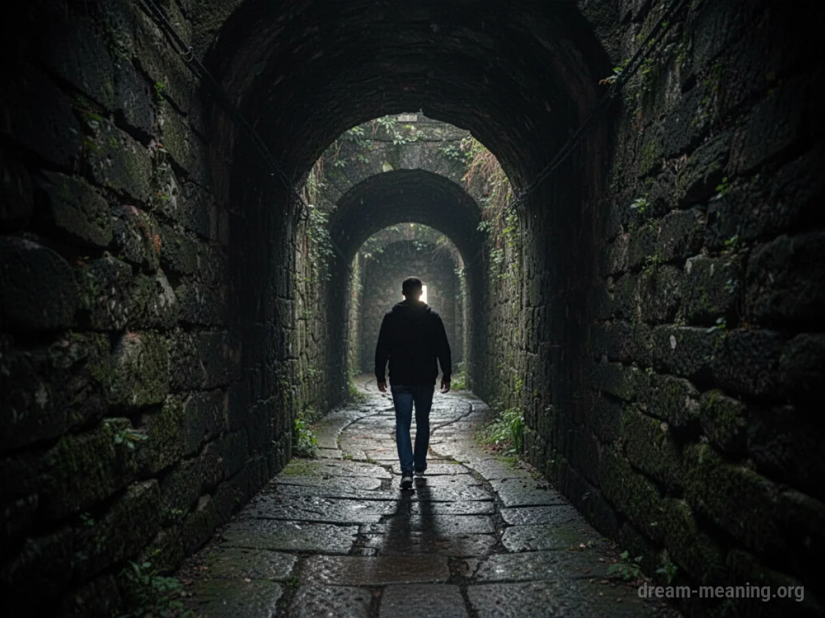 A person walking down a dark, narrow corridor towards a distant light.