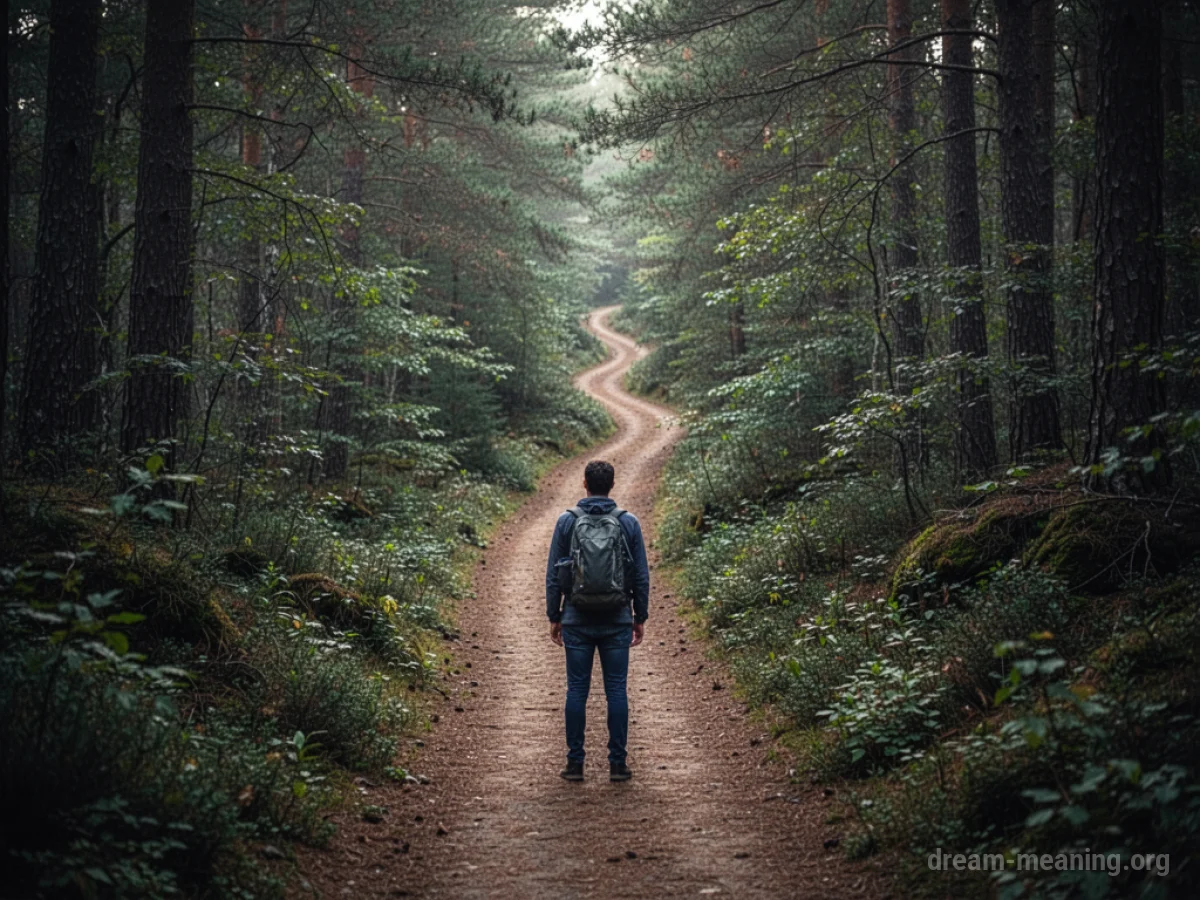 A narrow dirt path winding into a dark forest.