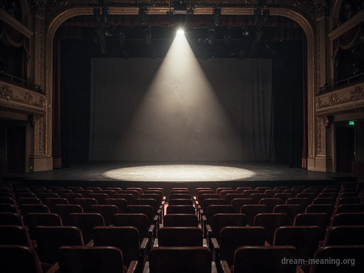 An empty theater stage with a single spotlight illuminating the floor.