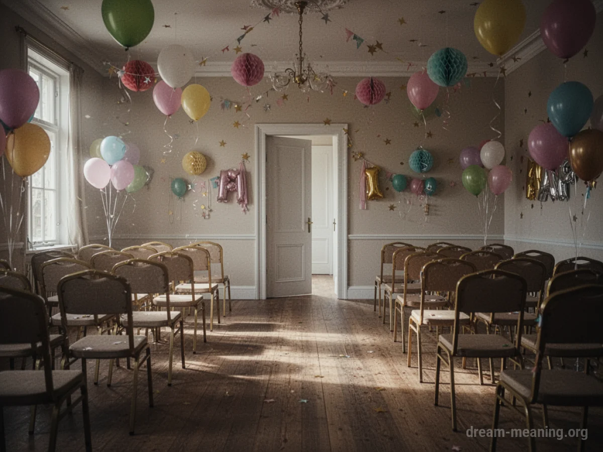 An empty decorated room set up for a party with no people present.