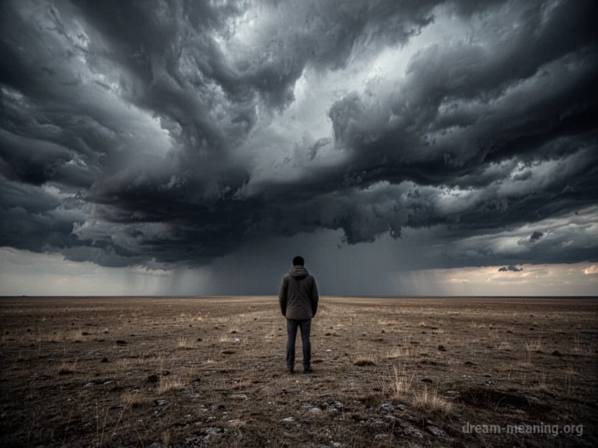 A lone figure in a desolate landscape beneath a stormy sky.
