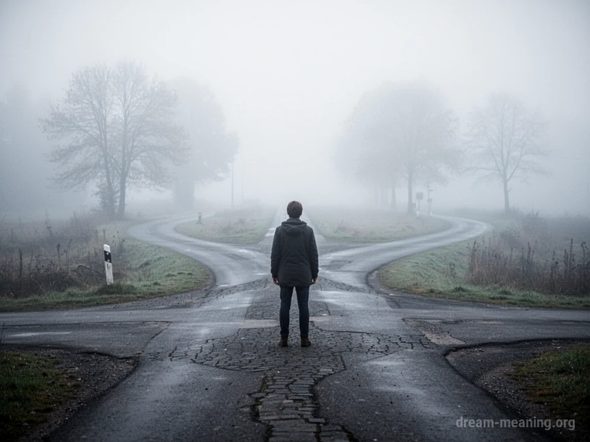 A person stands at a foggy crossroads with indistinct paths ahead.