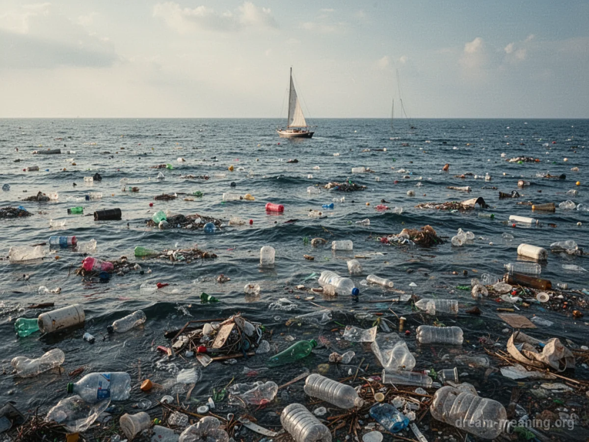 A wide expanse of ocean water heavily littered with plastic bottles, bags, and other debris.
