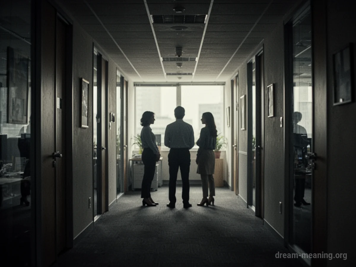 Silhouettes of figures in a dimly lit office hallway.