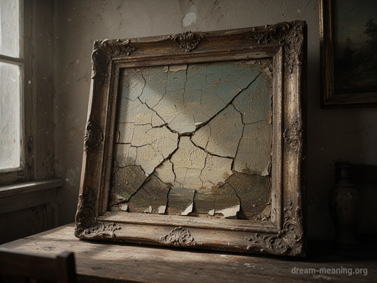 An aged painting with visible cracks in its canvas.