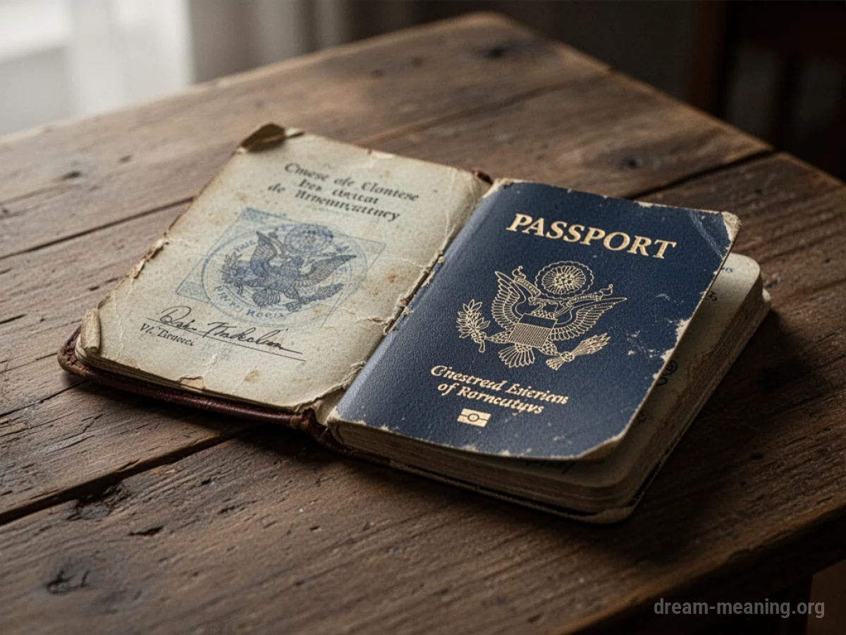 A vintage passport lies open on a wooden surface.