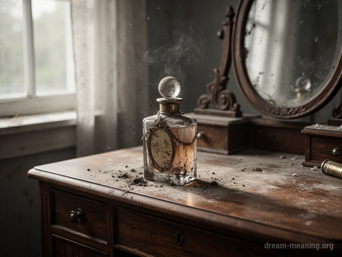 An antique perfume bottle on a vanity.