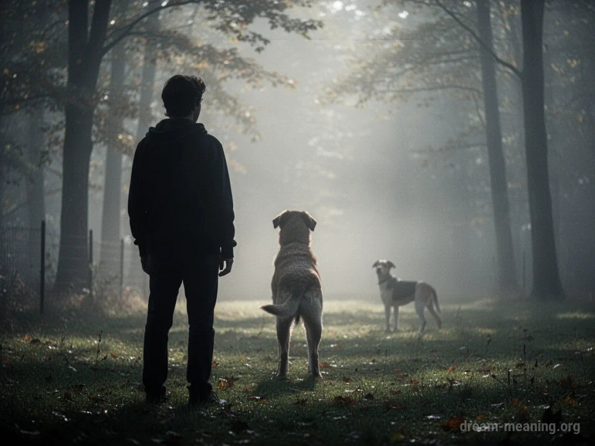 Silhouette of a person watching a faint pet figure in a hazy landscape.