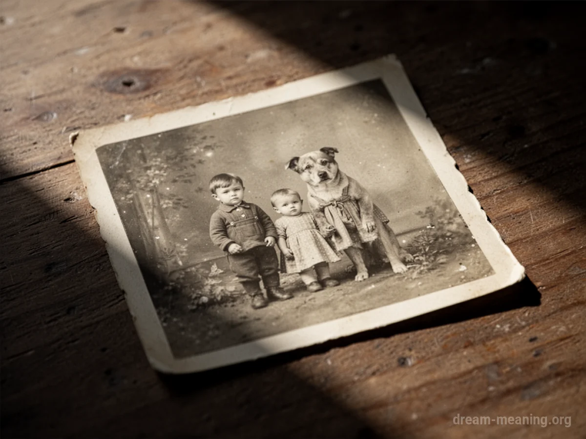 A vintage photograph with faded colors resting on a textured wooden surface.