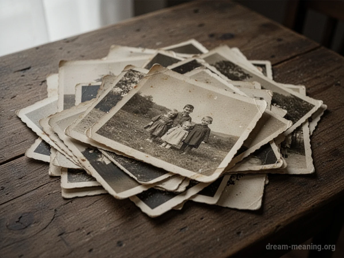A pile of vintage photographs lying on a rustic wooden surface.