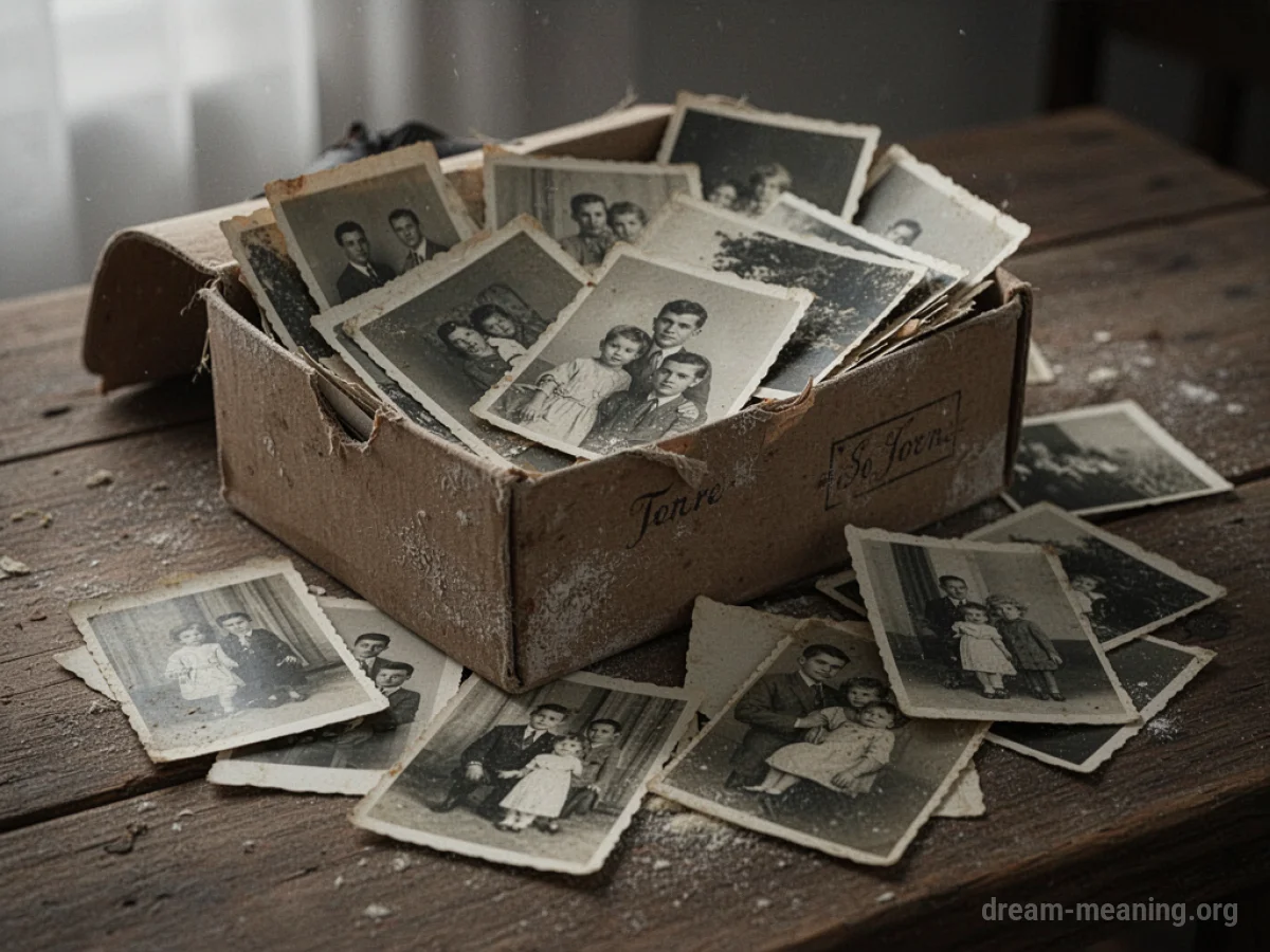A collection of old, faded photographs scattered from an open box.