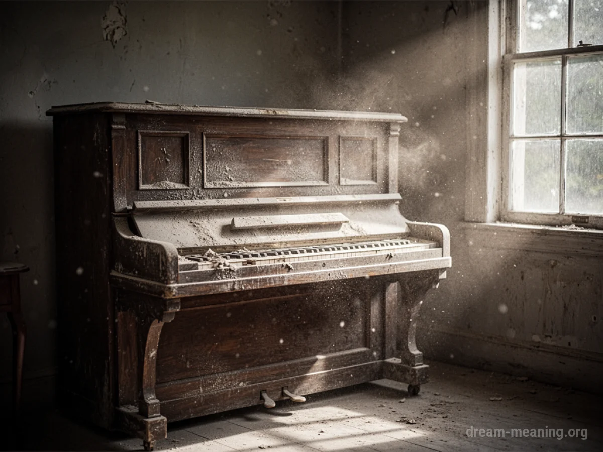 An antique upright piano covered in dust in a quiet room.