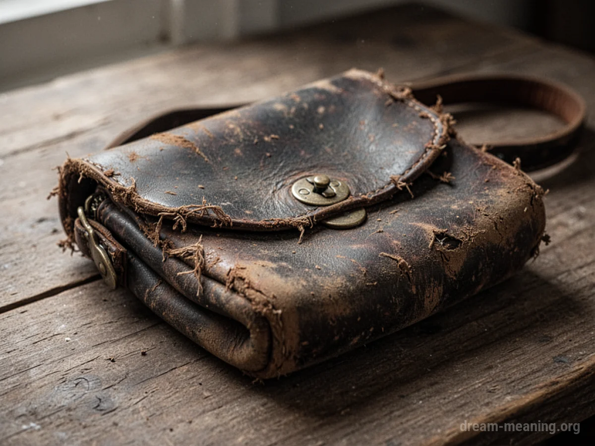 A close-up view of a very old, worn leather purse.