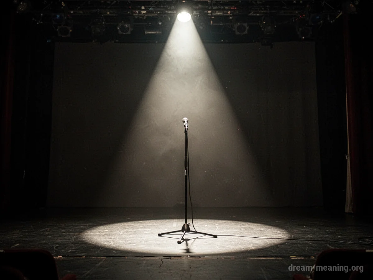 An empty stage with a single spotlight on a microphone.