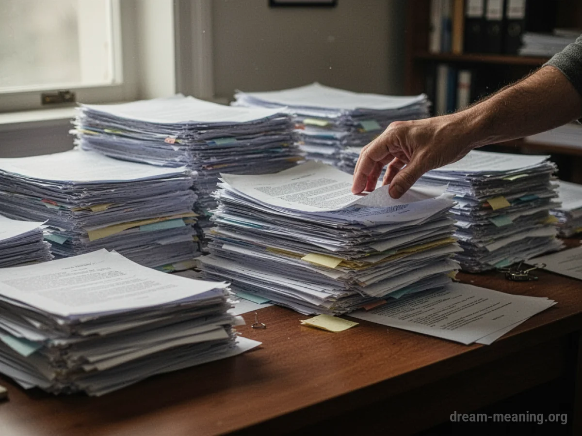 A desk with neatly stacked papers and a hand organizing them.