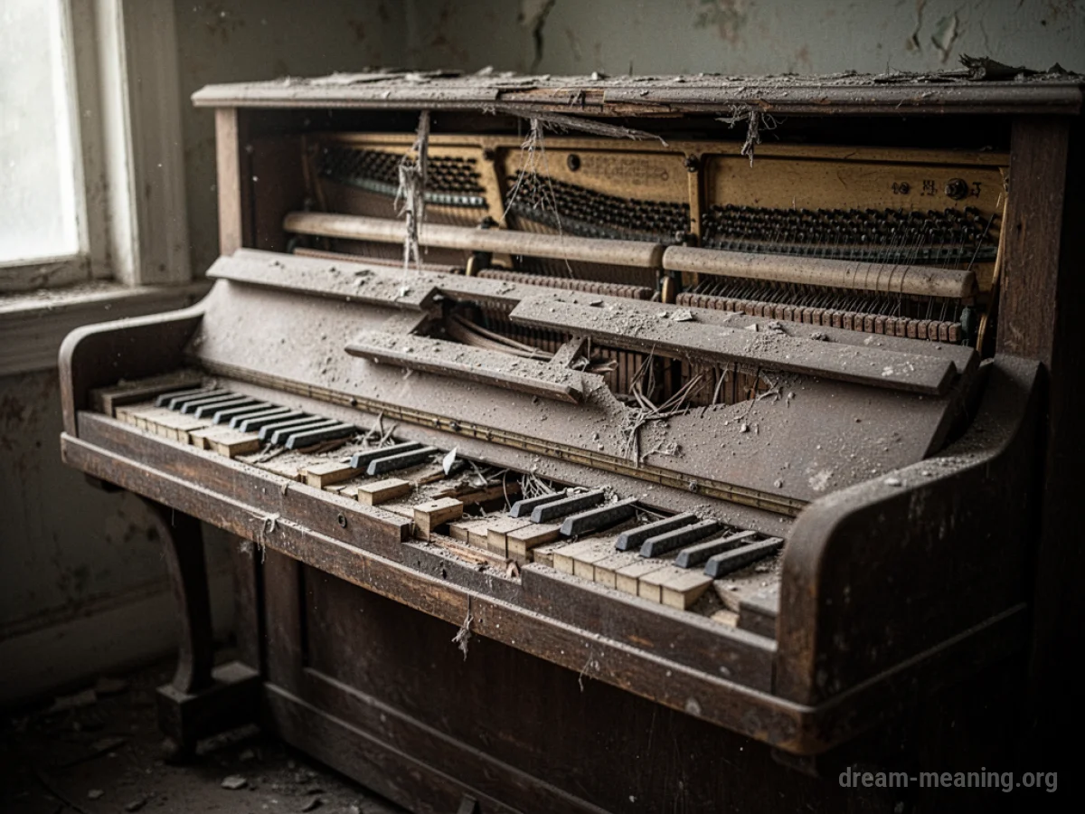 An old upright piano with broken keys and visible damage to the strings.