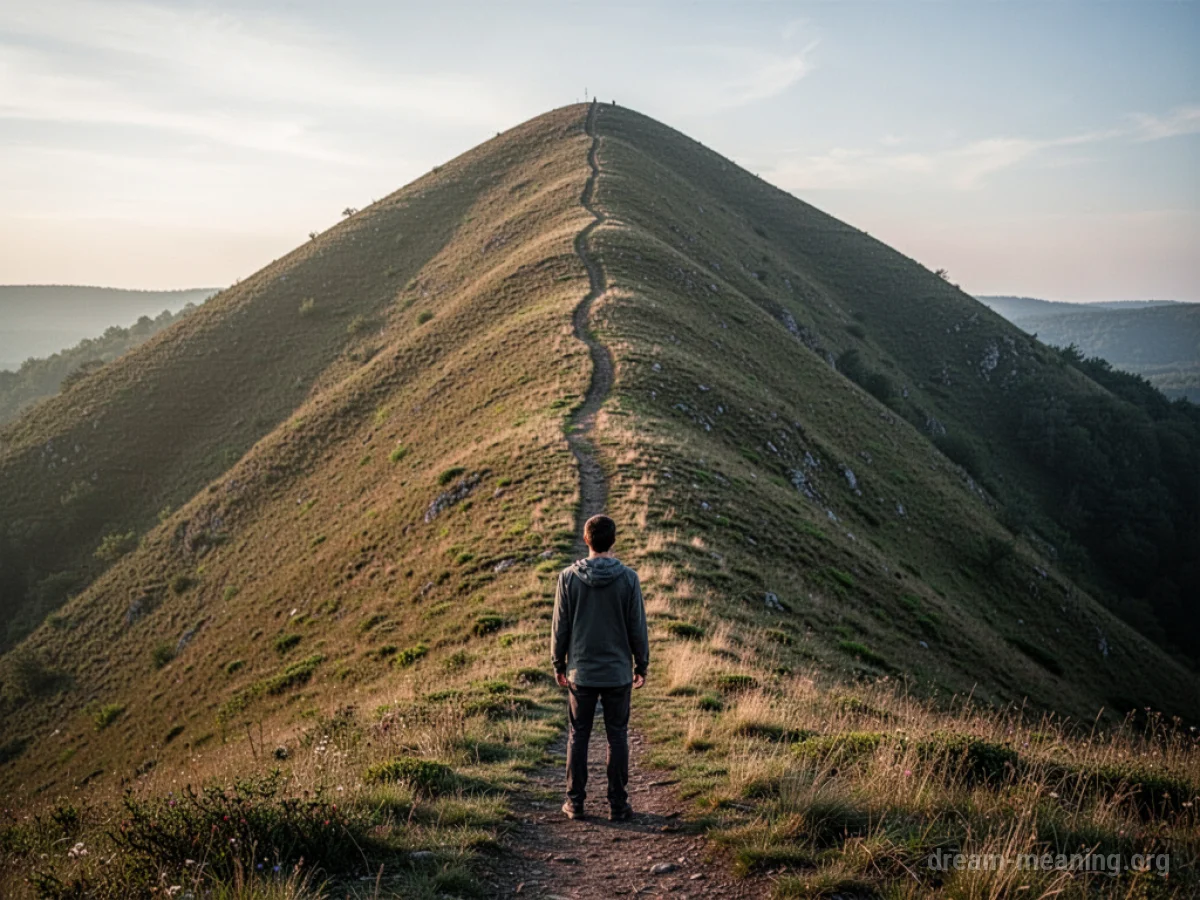 A person stands at the bottom of a tall hill, facing an upward path.