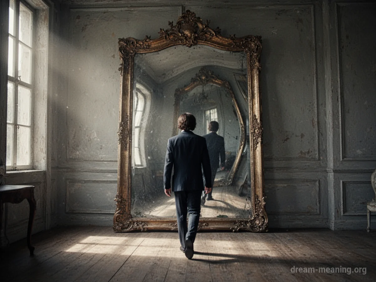 A person walks away from a large mirror reflecting a distorted image.