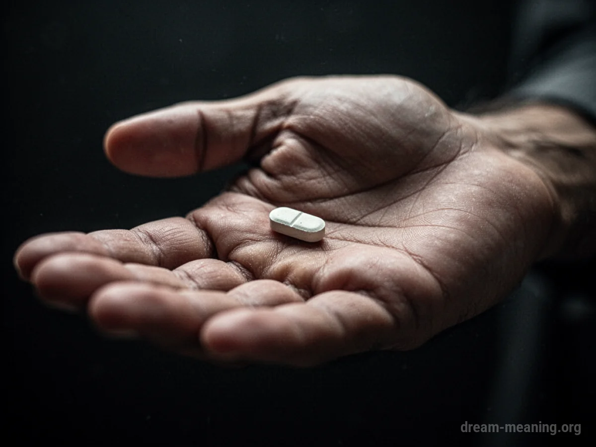A hand holding a single pill with a blurred, dark background.