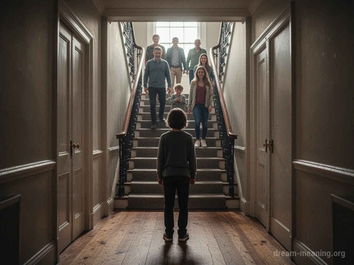 A person watches others climb stairs ahead.