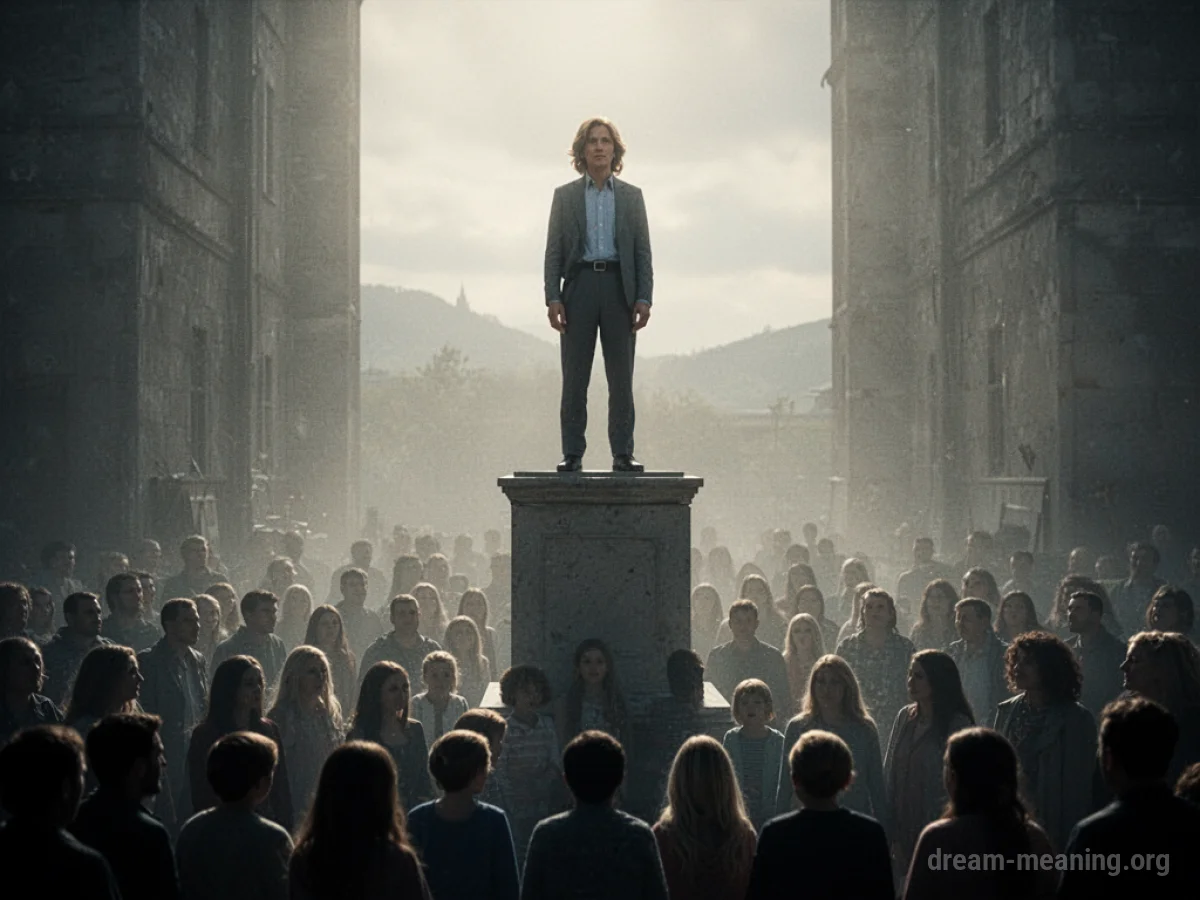 A silhouette of a person standing on a raised platform above a crowd.