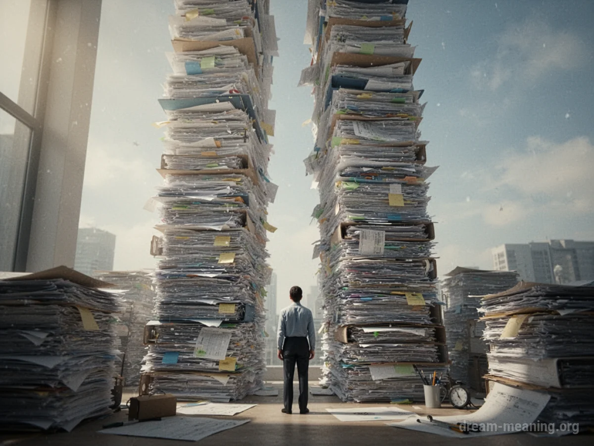 A person stands before a towering pile of documents.