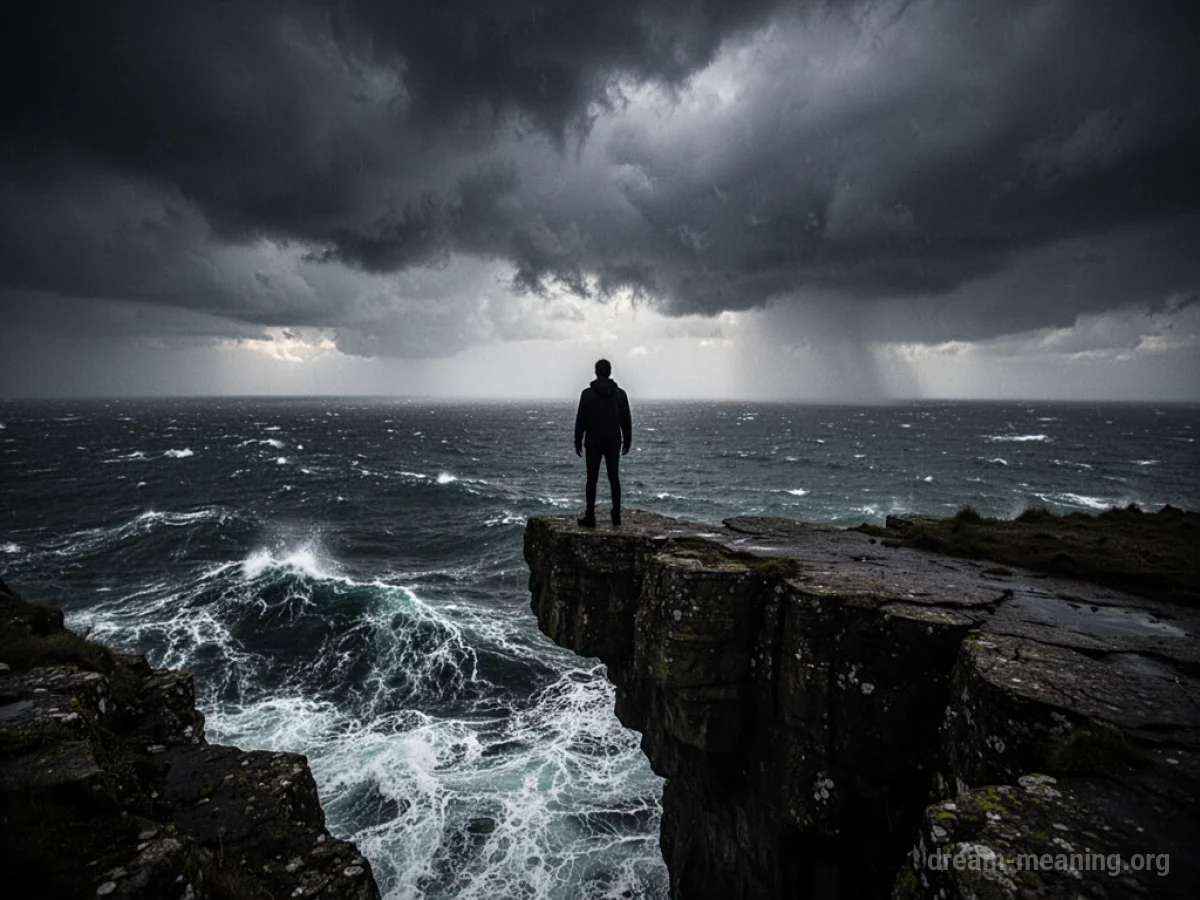 A lone figure stands at the edge of a cliff overlooking a stormy sea.
