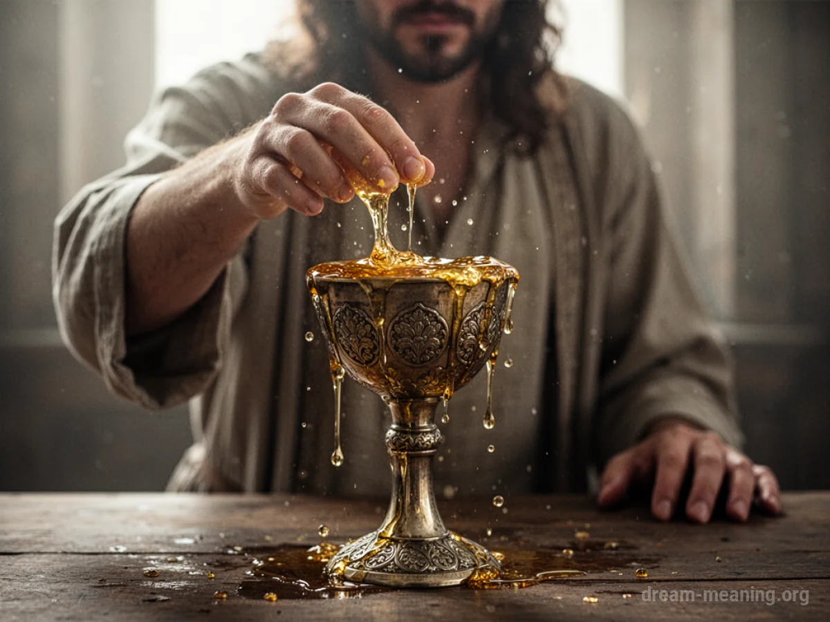 A hand reaching towards a chalice overflowing with a golden liquid.