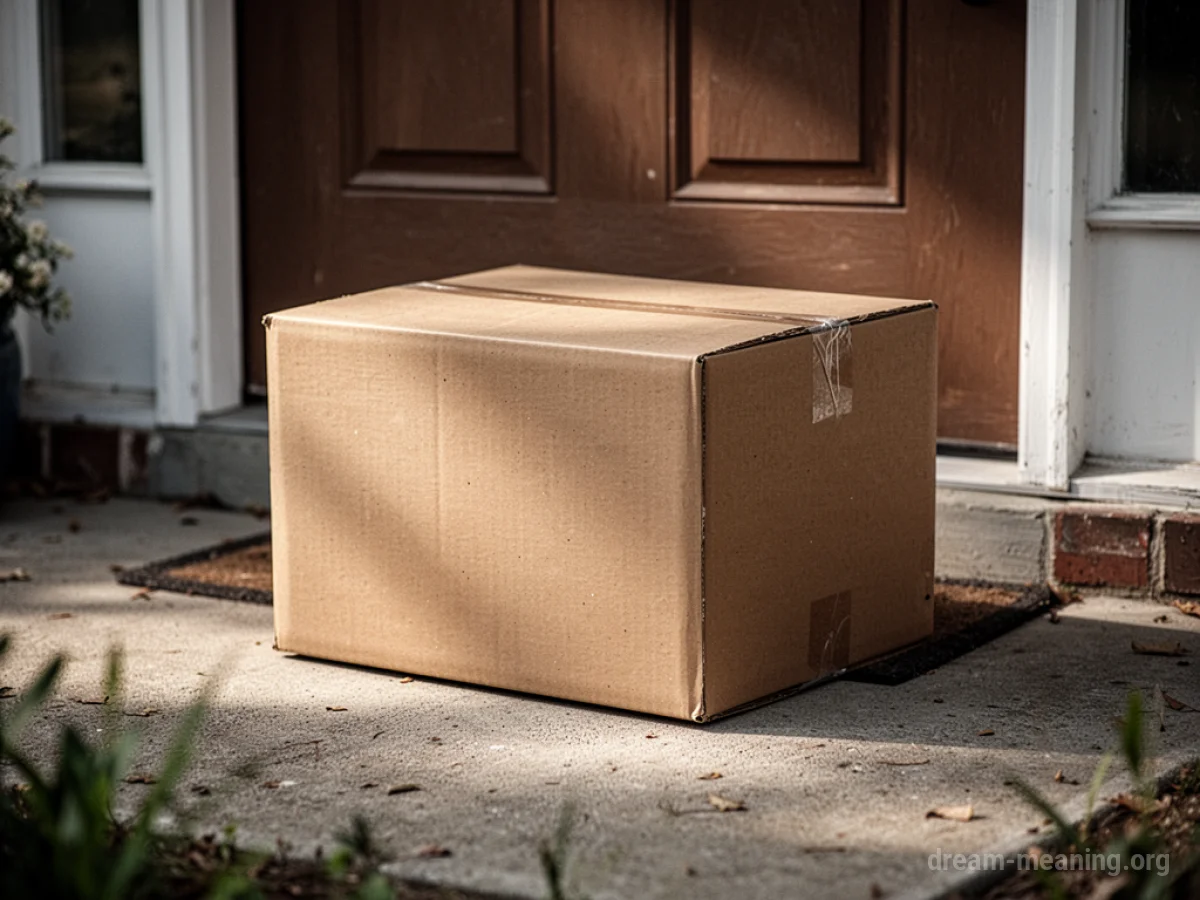 A closed cardboard box rests on a wooden porch.